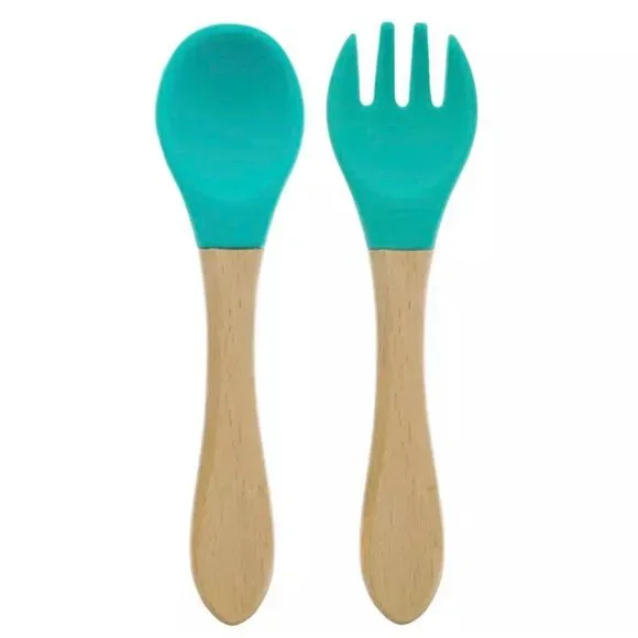 wooden handle silicone baby spoon and fork utensils - Picture 1 of 1